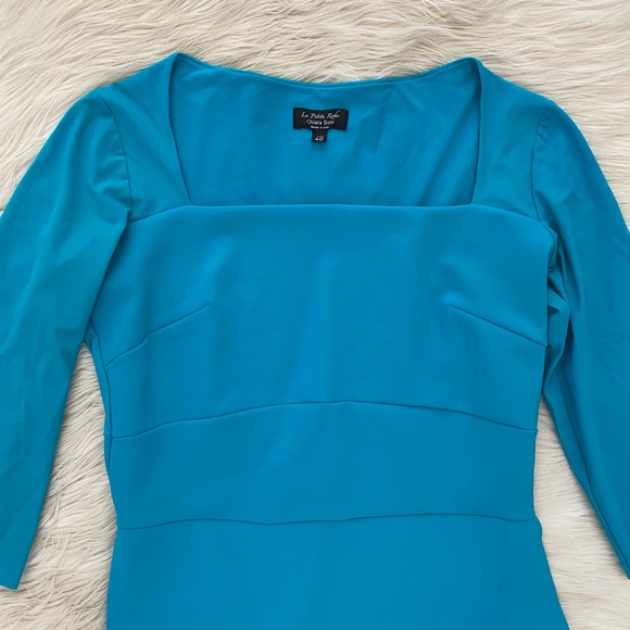 Chiara Boni Teal Blue Turquoise Elbow Sleeve Square Neck Stretch Jersey Dress - Picture 2 of 13